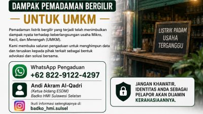HMI BADKO SULSEL DESAK PLN BAYARKAN KOMPENSASI PEMADAMAN, DORONG UMKM AJUKAN PENGADUAN